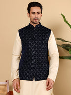 MULTI SHADES Men's Woven Design Black Embroidered Nehru Jacket | Grocsy