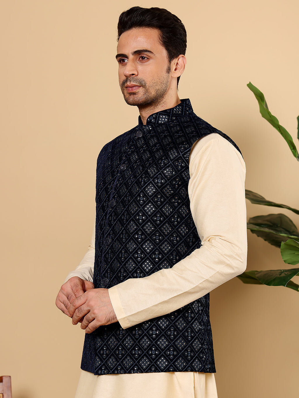 MULTI SHADES Men's Woven Design Black Embroidered Nehru Jacket | Grocsy