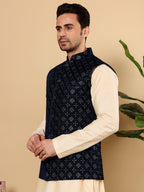 MULTI SHADES Men's Woven Design Black Embroidered Nehru Jacket | Grocsy