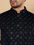 MULTI SHADES Men's Woven Design Black Embroidered Nehru Jacket | Grocsy