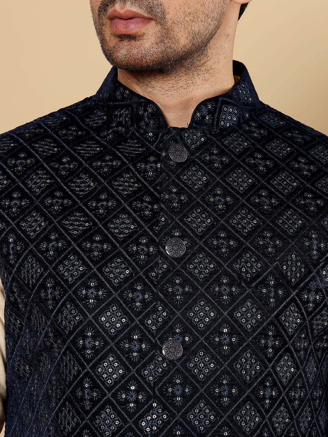 MULTI SHADES Men's Woven Design Black Embroidered Nehru Jacket | Grocsy