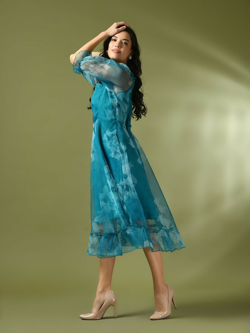 Myshka Women's Teal Printed Square Neck Fit and Flare Party Dress | Grocsy