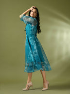 Myshka Women's Teal Printed Square Neck Fit and Flare Party Dress | Grocsy