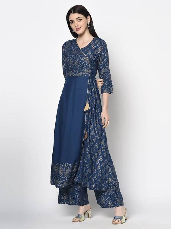 Indian Clothing Aniyah Rayon Blue Color Foil Print Angrakha Anarkali Kurta (AN-208K) | Grocsy