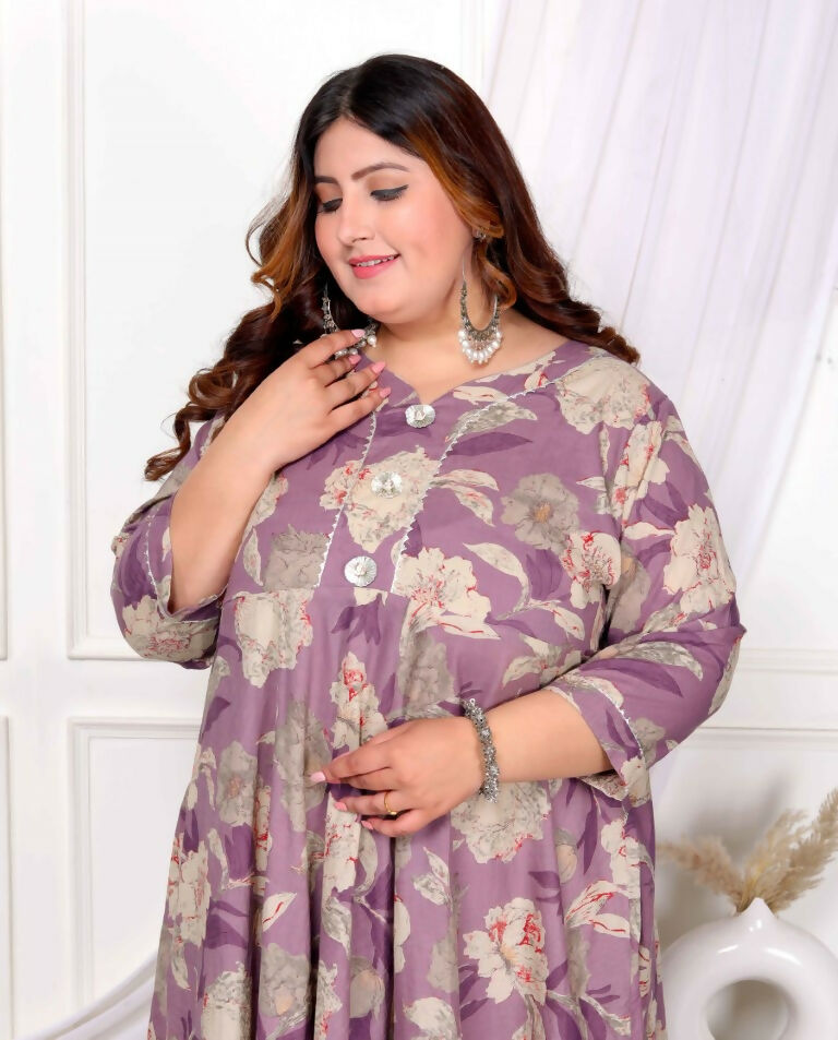 Miravan Women's Plus Size Purple Flower Printed With Beautiful Lace Border Details Anarkali Kurta | Grocsy