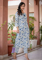 Kaajh Women's White Blue Floral Print Kurta Pant Set | Grocsy