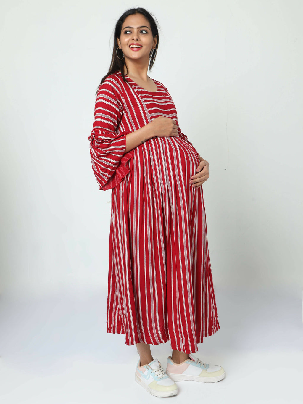 Manet Three Fourth Maternity Dress With Concealed Zipper Nursing Access - Red | Grocsy
