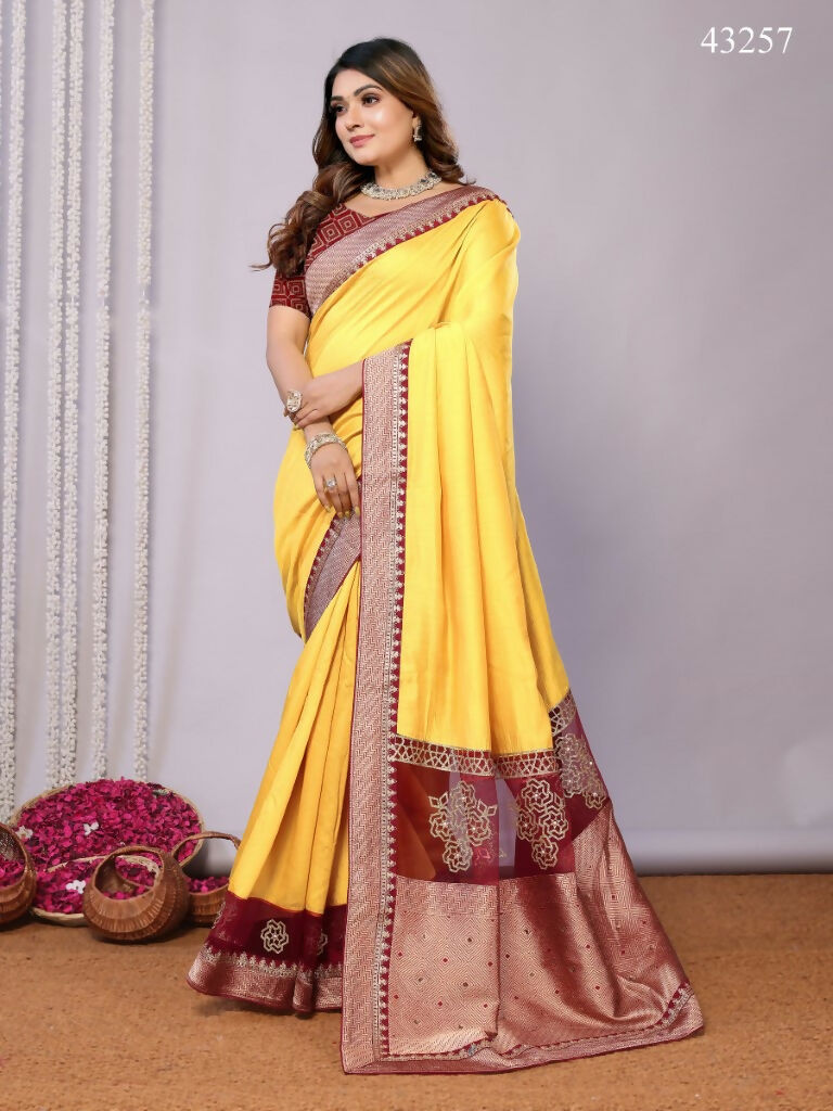 Yellow Silk Georgette Cord And Sequins Embroidery Laser Cut Applique Work Saree - Norita Saumya | Grocsy