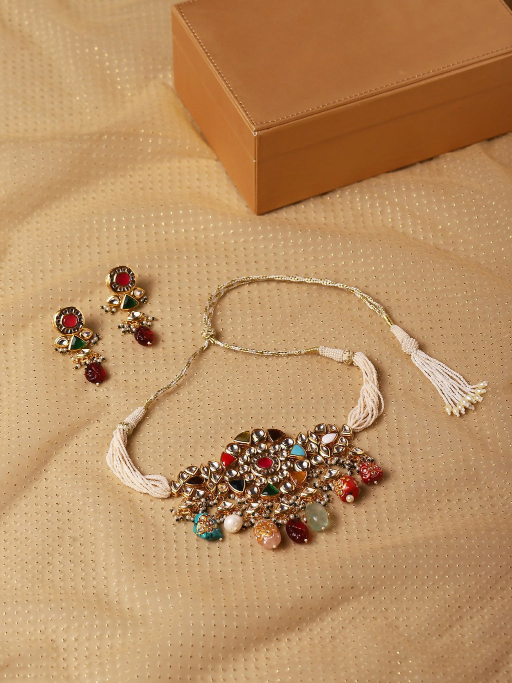 Maharani Multi Kundan Choker with Earrings- Ruby Raang | Grocsy