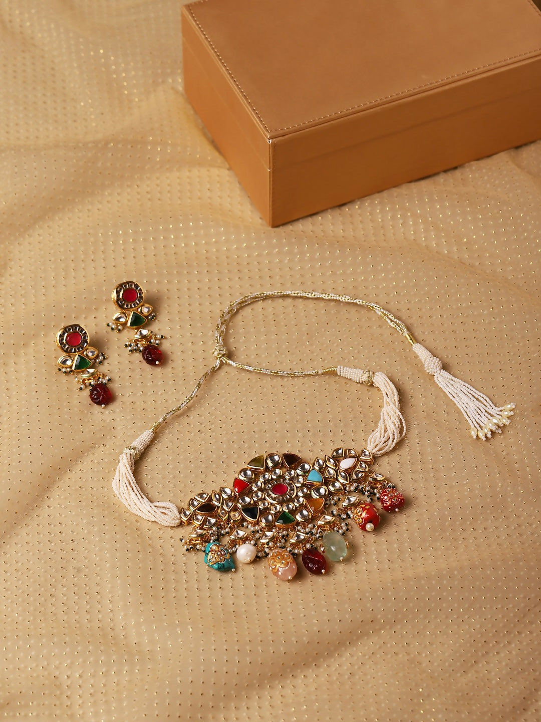 Maharani Multi Kundan Choker with Earrings- Ruby Raang | Grocsy