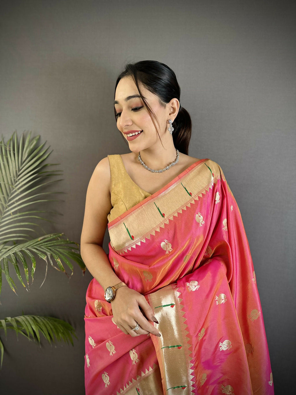 Joban Fashion Peach Peacock & Floral Motifs Soft Silk Kanchipuram Saree | Grocsy
