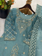 Teeya Creation Teal Color Gimmychu Silk Embroidery Work Wedding Wear Salwar Suit | Grocsy