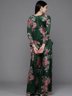 Ahalyaa Women Floral Printed Velvet Tunic with Palazzos - Green Color | Grocsy