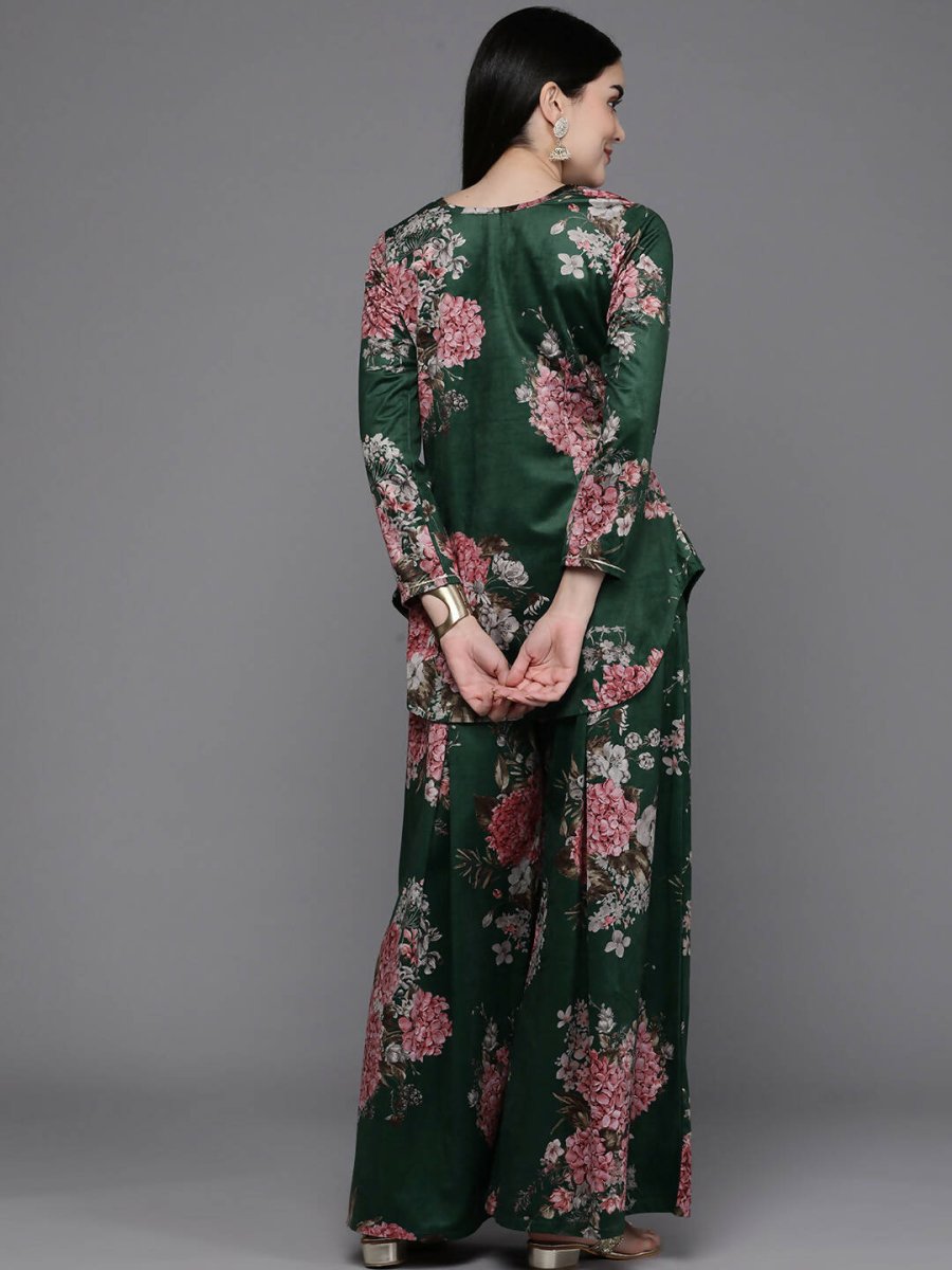 Ahalyaa Women Floral Printed Velvet Tunic with Palazzos - Green Color | Grocsy