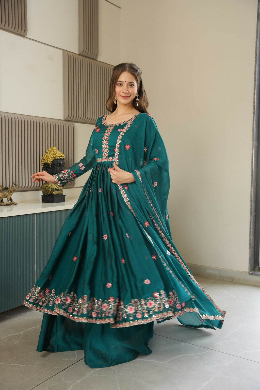 Teeya Creation Rama Color Heavy Crush Silk Wedding Wear Embroidery Work Long Gown | Grocsy