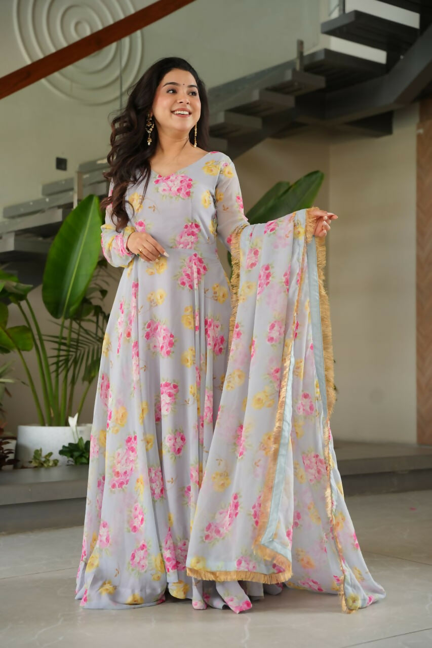 Vastranavya Light Grey Faux Georgette With Rich Flower Digital Print work Gown | Grocsy