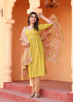 Alvano Printed Naira Cut Kurti Kurti with Pant and Dupatta Set for Women's and Girls Cotton | Grocsy