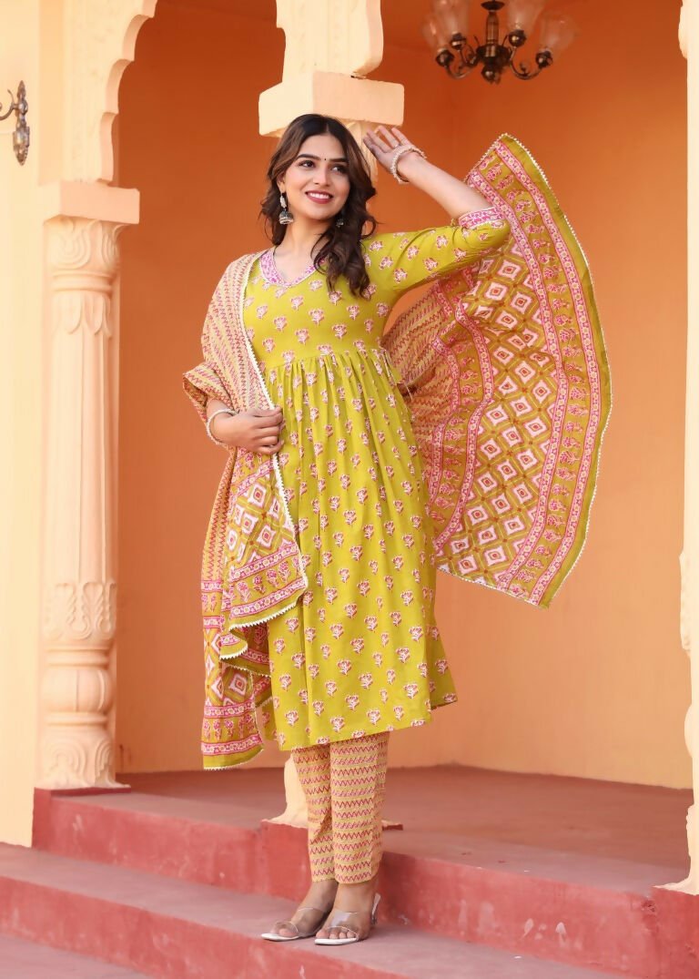 Alvano Printed Naira Cut Kurti Kurti with Pant and Dupatta Set for Women's and Girls Cotton | Grocsy