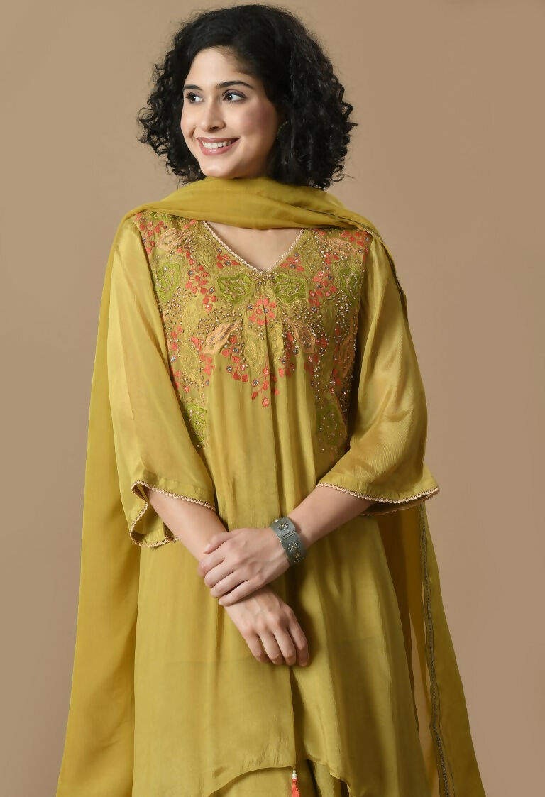 Joban Fashion Mehendi Chinnon Kurta Set | Grocsy