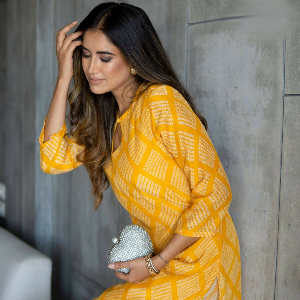 Aayaa Pure Muslin printed Kurti & Pant - Mustard | Grocsy