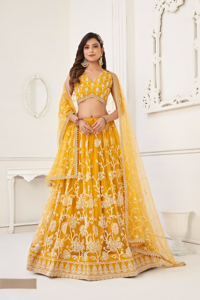 Eilara Women'S Mustard Butterfly Net With Sequins And Embroidery Work Lehenga Choli For Wedding | Grocsy