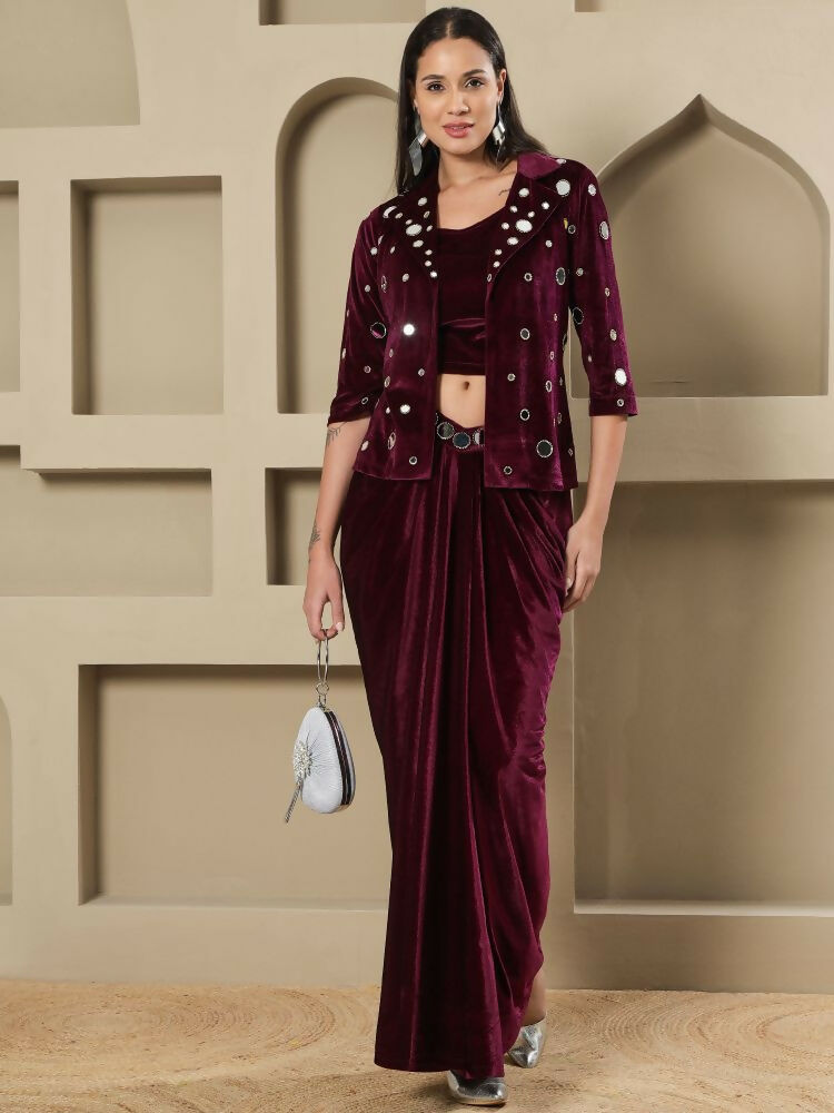Joban Fashion Women Wine Velvet Hand Embellishment Stitched Dress | Grocsy