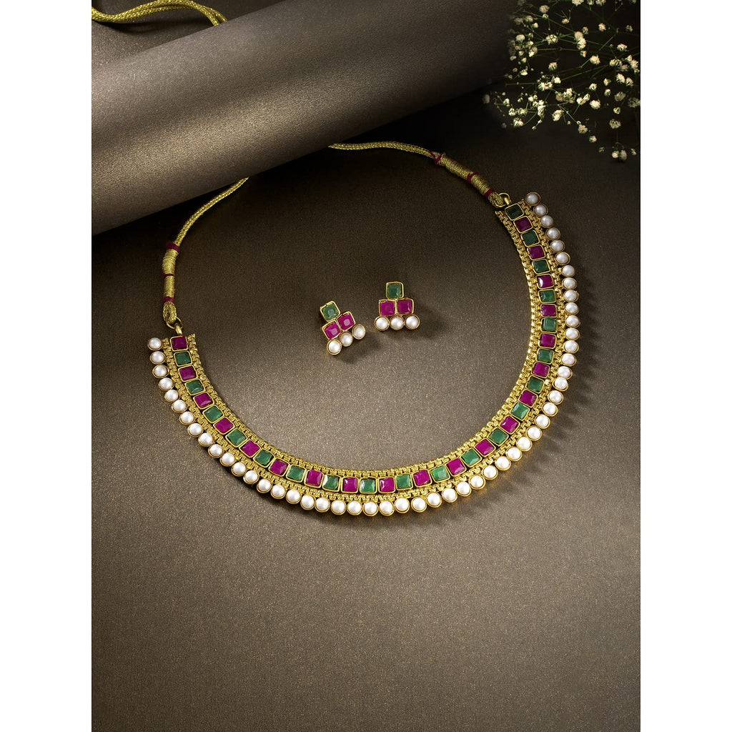 Gold-Polished Traditional White Choker Necklace Jewellery Set For Women/Girls - Wahe Jewels - Swadesiicart
