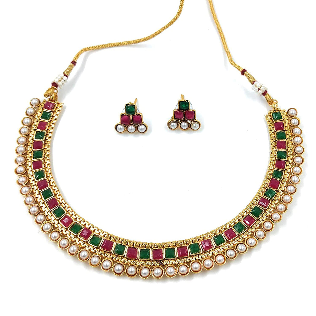Gold-Polished Traditional White Choker Necklace Jewellery Set For Women/Girls - Wahe Jewels - Swadesiicart