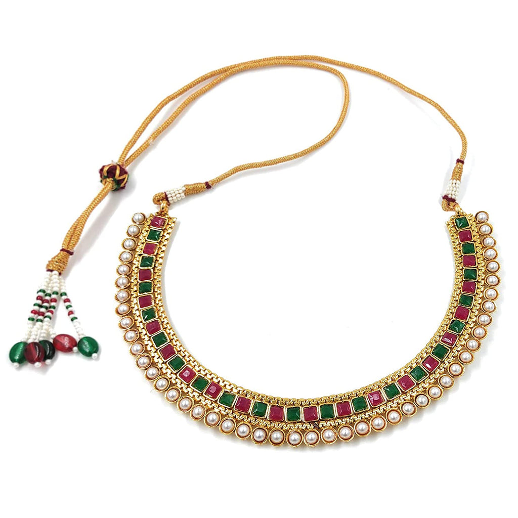 Gold-Polished Traditional White Choker Necklace Jewellery Set For Women/Girls - Wahe Jewels - Swadesiicart