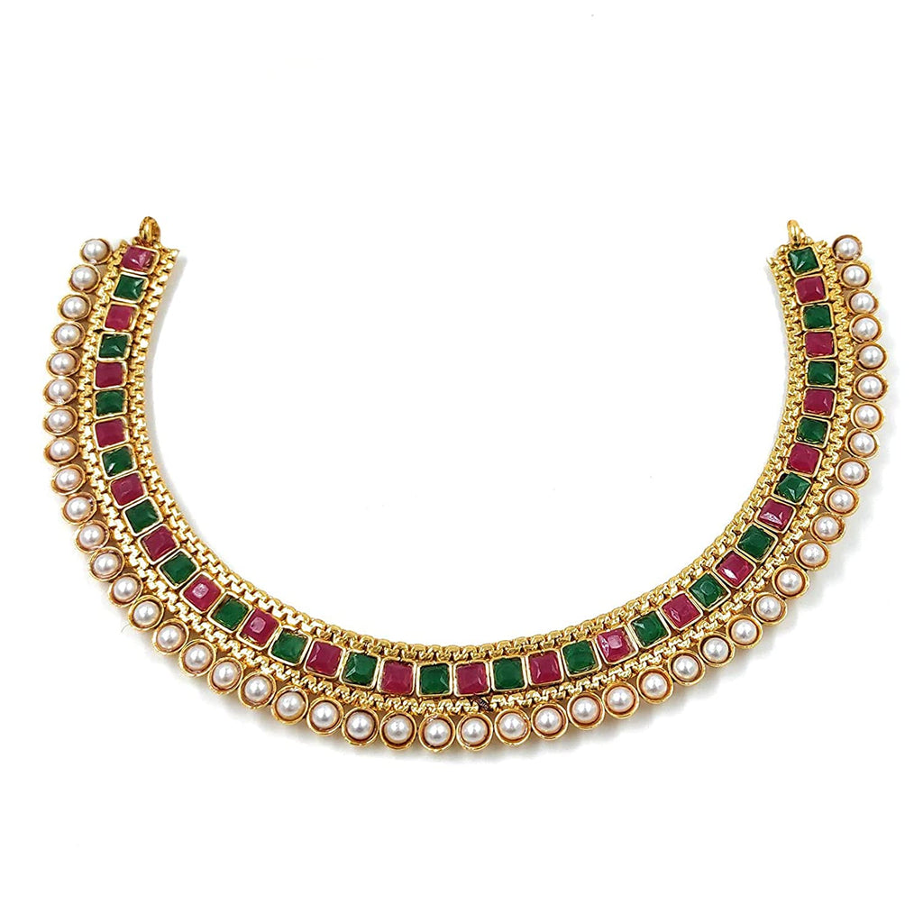 Gold-Polished Traditional White Choker Necklace Jewellery Set For Women/Girls - Wahe Jewels - Swadesiicart