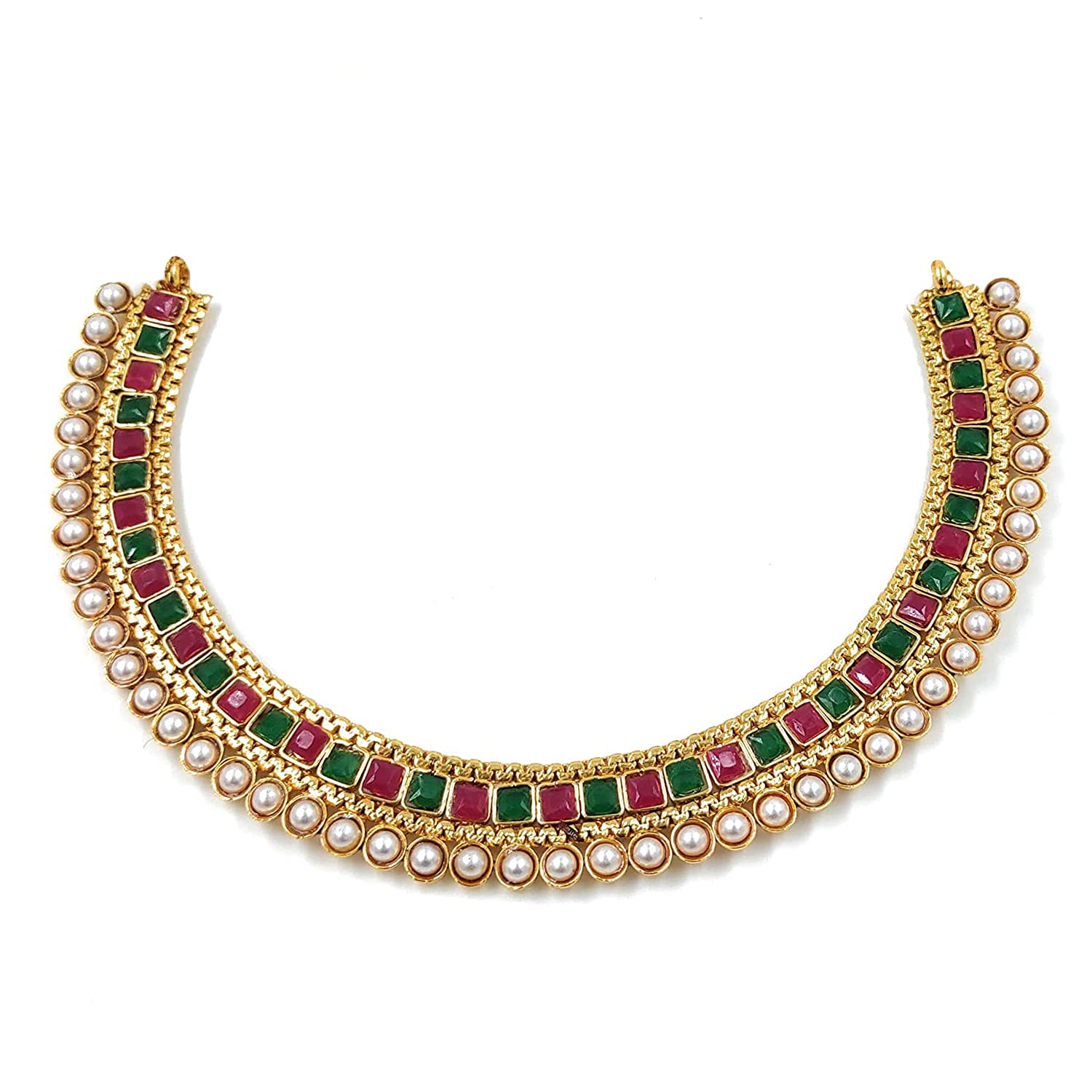 Gold-Polished Traditional White Choker Necklace Jewellery Set For Women/Girls - Wahe Jewels - Swadesiicart