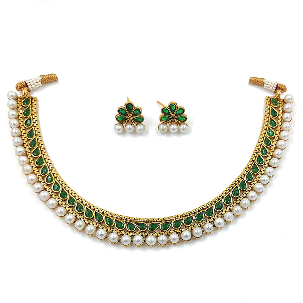 Gold-Polished Traditional Green Choker Necklace Jewellery Set For Women/Girls - Wahe Jewels - Swadesiicart