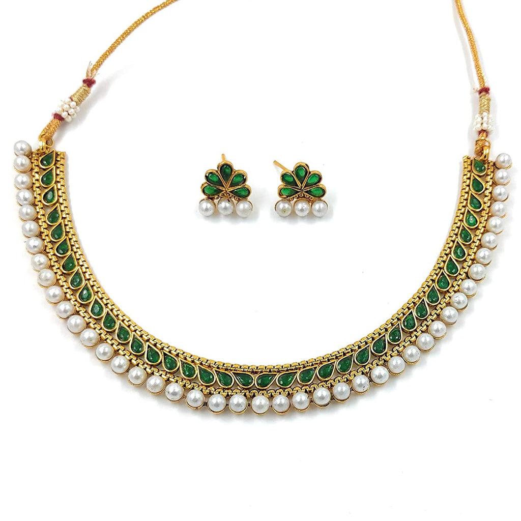Gold-Polished Traditional Green Choker Necklace Jewellery Set For Women/Girls - Wahe Jewels - Swadesiicart