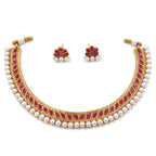 Gold-Polished Traditional Pink Choker Necklace Jewellery Set For Women/Girls - Wahe Jewels - Swadesiicart