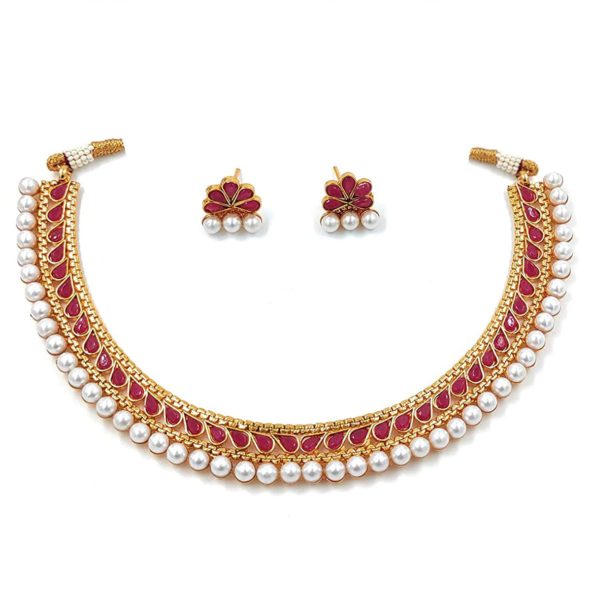 Gold-Polished Traditional Pink Choker Necklace Jewellery Set For Women/Girls - Wahe Jewels - Swadesiicart