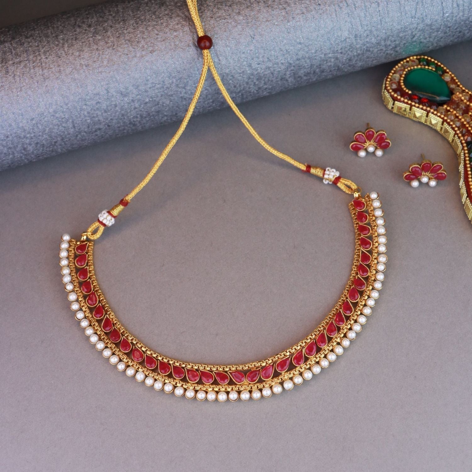 Gold-Polished Traditional Pink Choker Necklace Jewellery Set For Women/Girls - Wahe Jewels - Swadesiicart