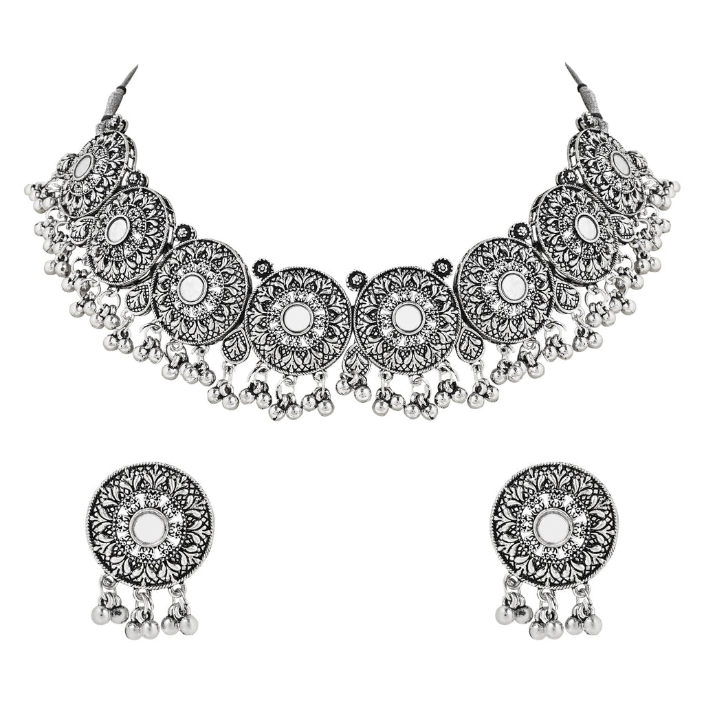 Navratri Ethnic Silver Oxidized Traditional Afghani Choker Necklace Jewellery Set for Women - Wahe Jewels - Swadesiicart