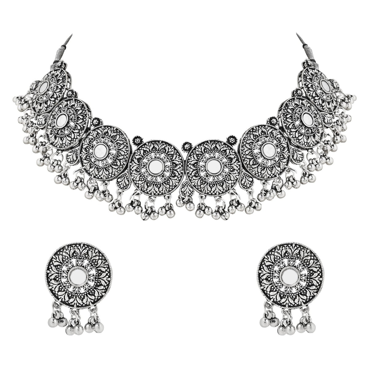 Navratri Ethnic Silver Oxidized Traditional Afghani Choker Necklace Jewellery Set for Women - Wahe Jewels - Swadesiicart