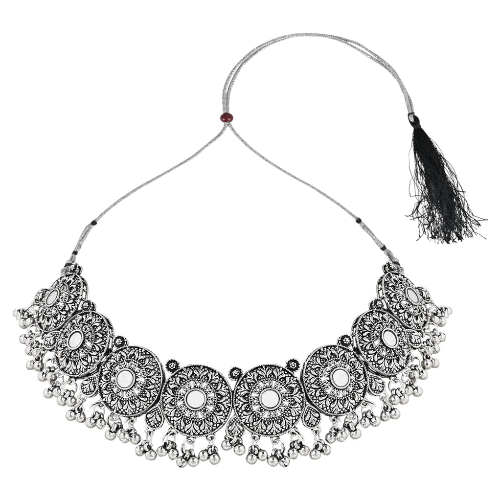 Navratri Ethnic Silver Oxidized Traditional Afghani Choker Necklace Jewellery Set for Women - Wahe Jewels - Swadesiicart