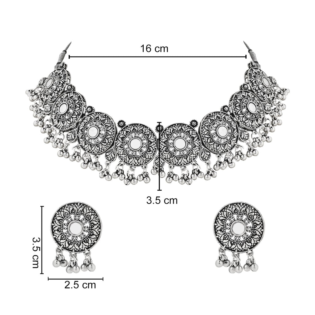 Navratri Ethnic Silver Oxidized Traditional Afghani Choker Necklace Jewellery Set for Women - Wahe Jewels - Swadesiicart
