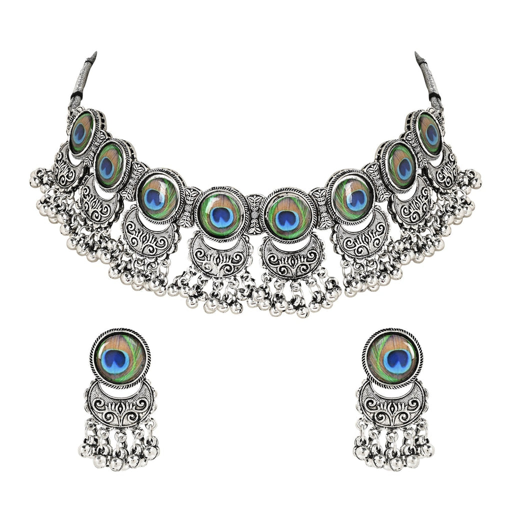 Navratri Oxidised Silver Plated Afghani Choker Necklace Jewellery Set for Women - Wahe Jewels - Swadesiicart