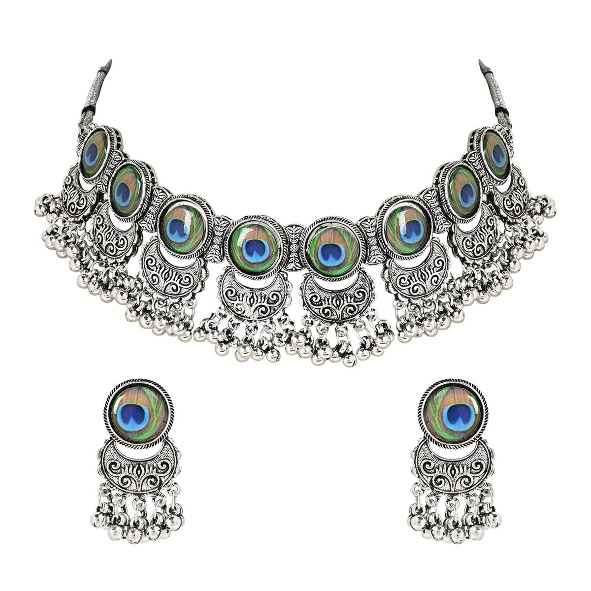 Navratri Oxidised Silver Plated Afghani Choker Necklace Jewellery Set for Women - Wahe Jewels - Swadesiicart