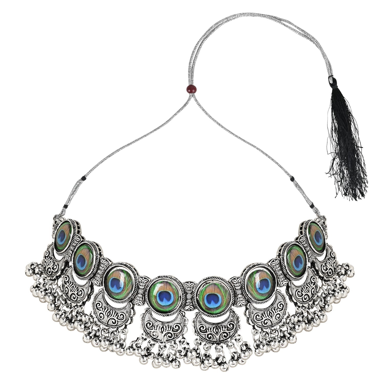 Navratri Oxidised Silver Plated Afghani Choker Necklace Jewellery Set for Women - Wahe Jewels - Swadesiicart