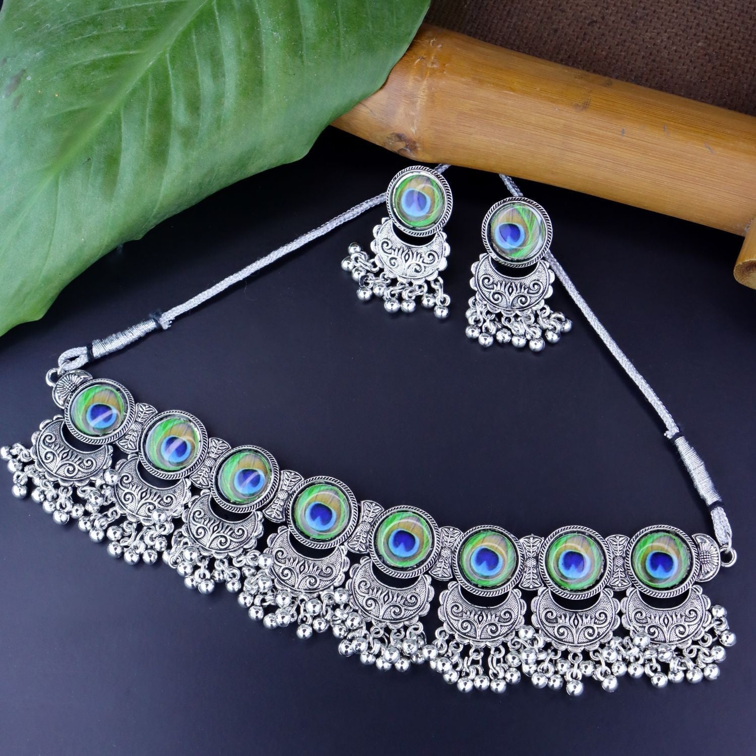 Navratri Oxidised Silver Plated Afghani Choker Necklace Jewellery Set for Women - Wahe Jewels - Swadesiicart