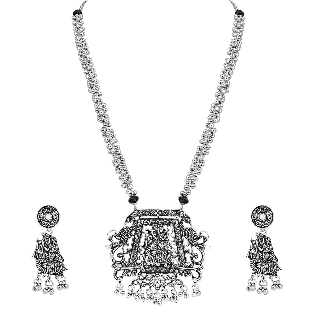 Navratri Ethnic Silver Oxidised Radha Krisha Long Necklace Jewellery With Jhumka Earrings Set For Women/Girls - Wahe Jewels - Swadesiicart