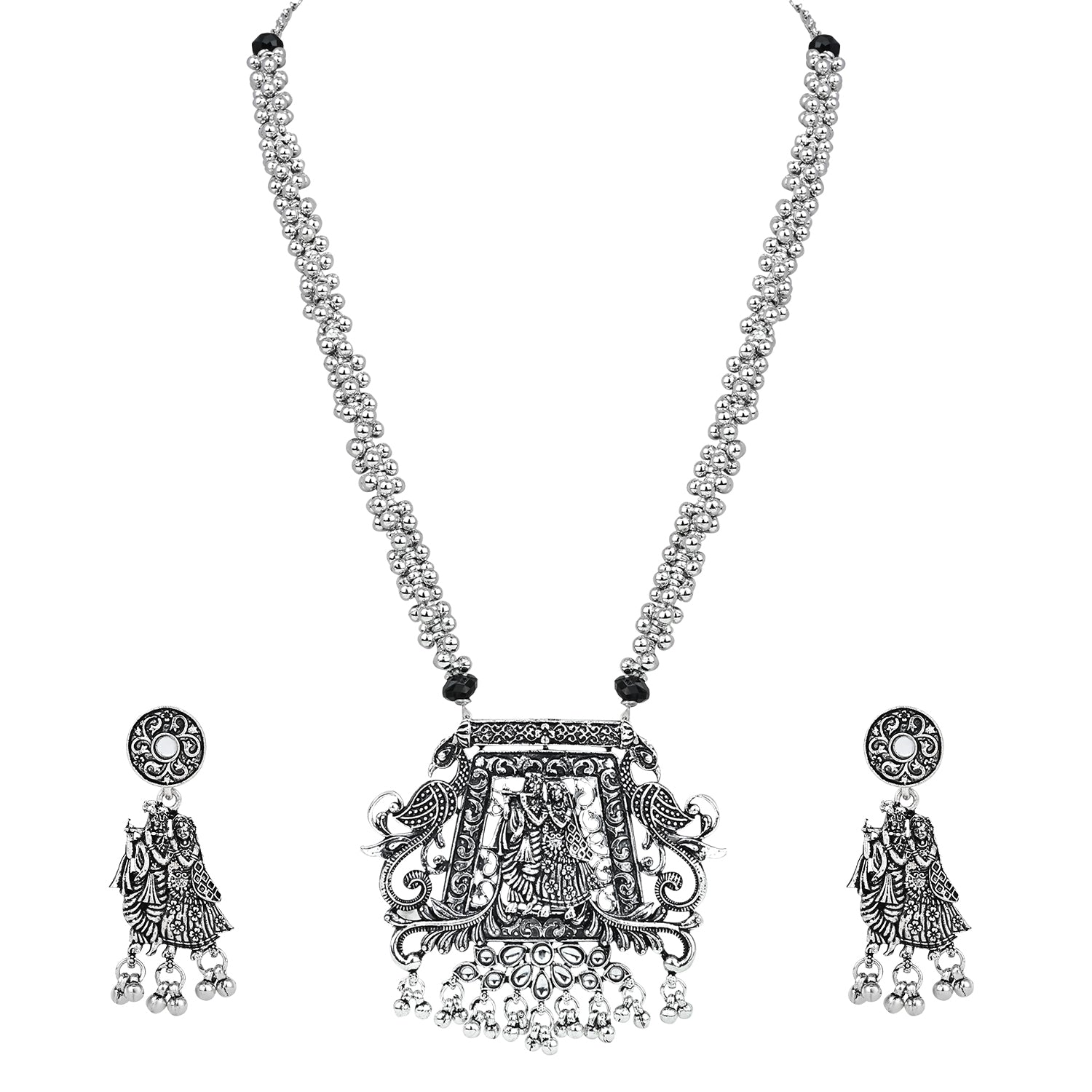 Navratri Ethnic Silver Oxidised Radha Krisha Long Necklace Jewellery With Jhumka Earrings Set For Women/Girls - Wahe Jewels - Swadesiicart