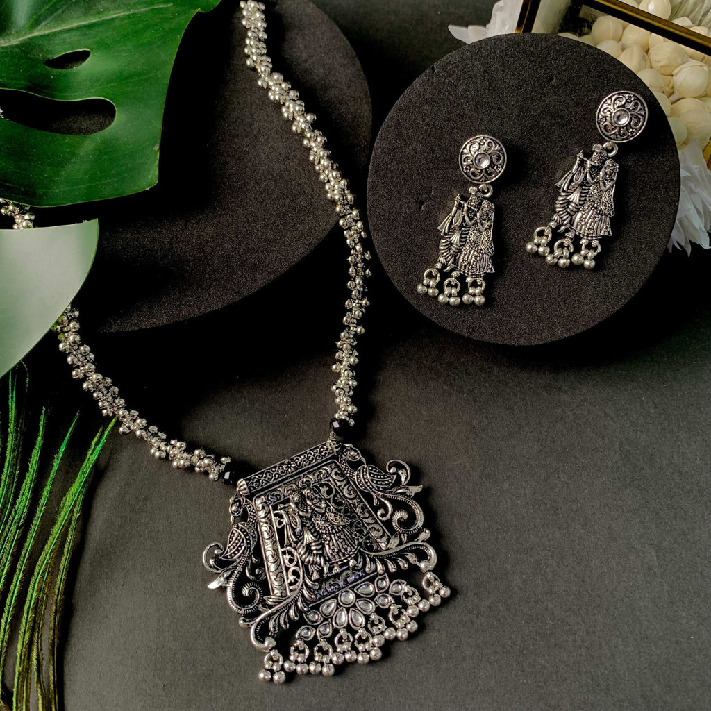 Navratri Ethnic Silver Oxidised Radha Krisha Long Necklace Jewellery With Jhumka Earrings Set For Women/Girls - Wahe Jewels - Swadesiicart
