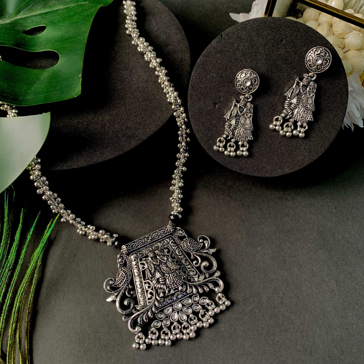 Navratri Ethnic Silver Oxidised Radha Krisha Long Necklace Jewellery With Jhumka Earrings Set For Women/Girls - Wahe Jewels - Swadesiicart