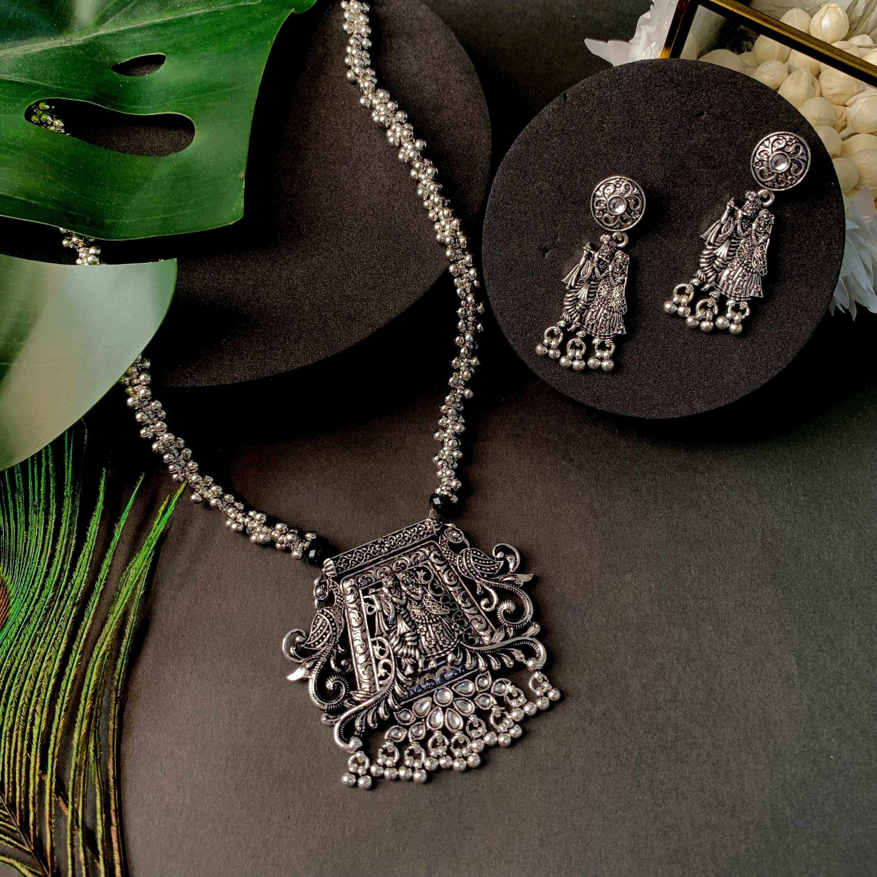 Navratri Ethnic Silver Oxidised Radha Krisha Long Necklace Jewellery With Jhumka Earrings Set For Women/Girls - Wahe Jewels - Swadesiicart