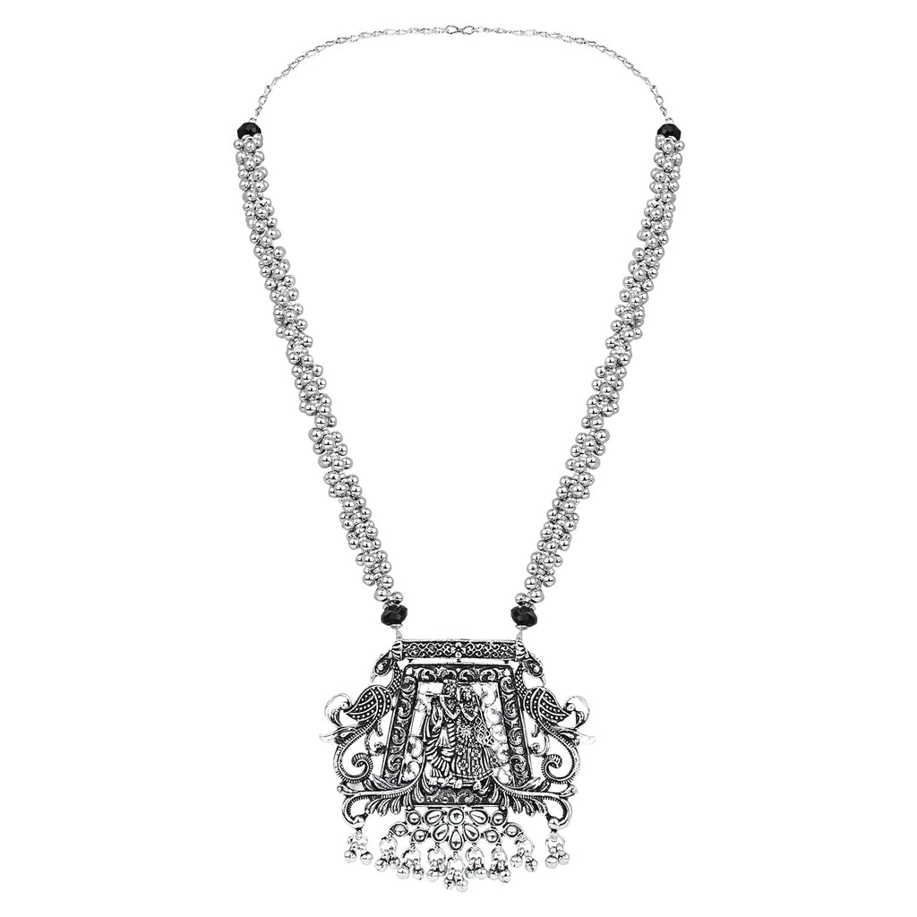 Navratri Ethnic Silver Oxidised Radha Krisha Long Necklace Jewellery With Jhumka Earrings Set For Women/Girls - Wahe Jewels - Swadesiicart